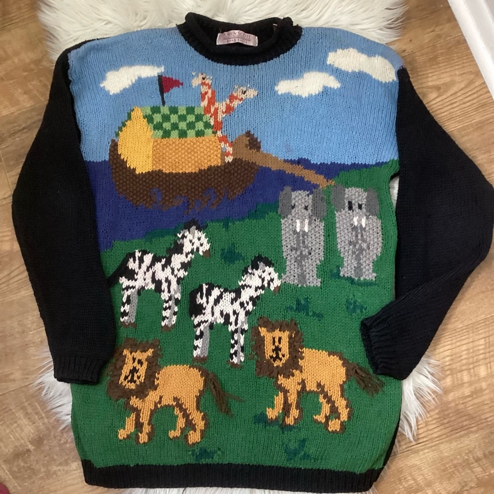 Vintage Hand Knit Pullover Sweater Lions Zebras Bears Elephants M